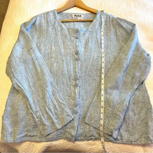 FLAX Linen Medium Carolina Blue Shirt Long Sleeve Button Front Coastal Summer - Picture 6 of 8